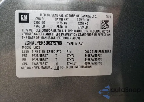 2013 Chevrolet Equinox Lt from USA, damaged, VIN 2GNALPEK5D6375708